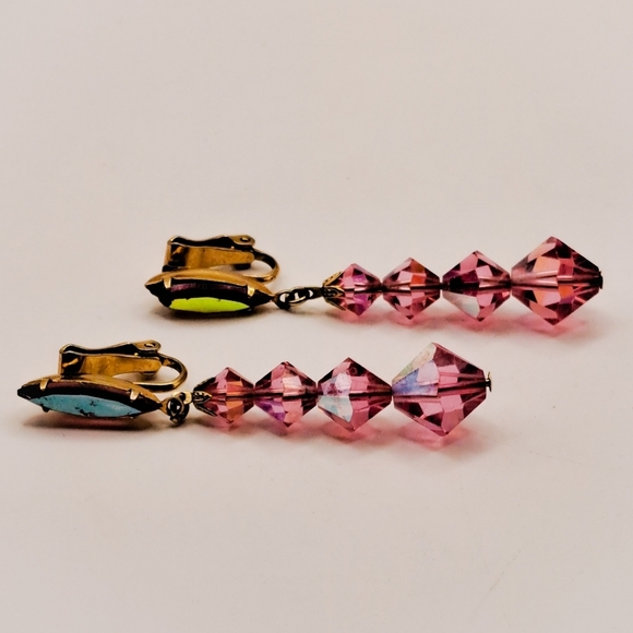Vintage Lewis Segal Pink Swarovski Crystal Dangle Clip-On Earrings - Picture 2 of 7